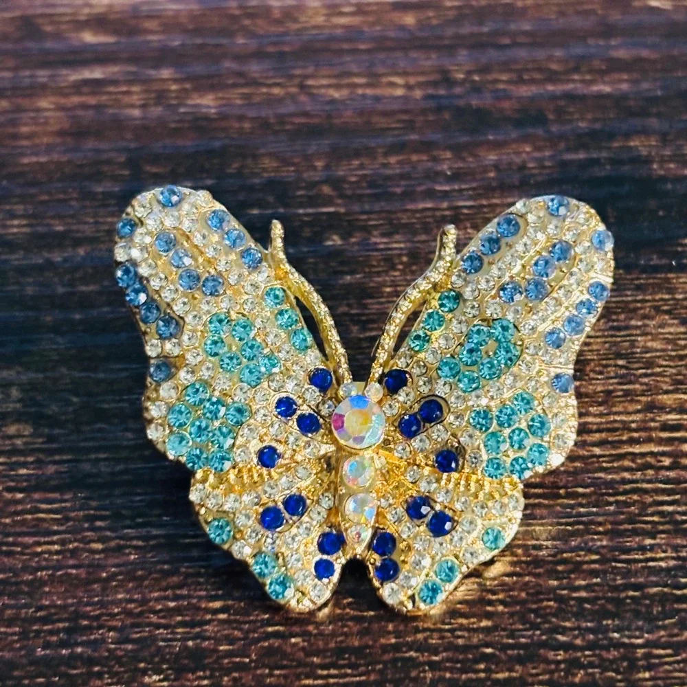 Gold Tone Blue Teal Rhinestone Butterfly Brooch Pin Statement Jewelry